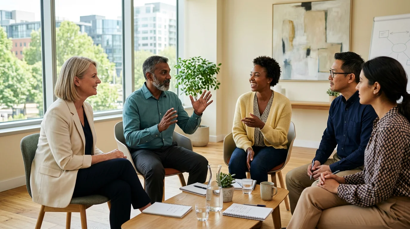 Gruppe in moderierter Gesprächsrunde, symbolisch für Workshop und Austausch, 1376×768 px