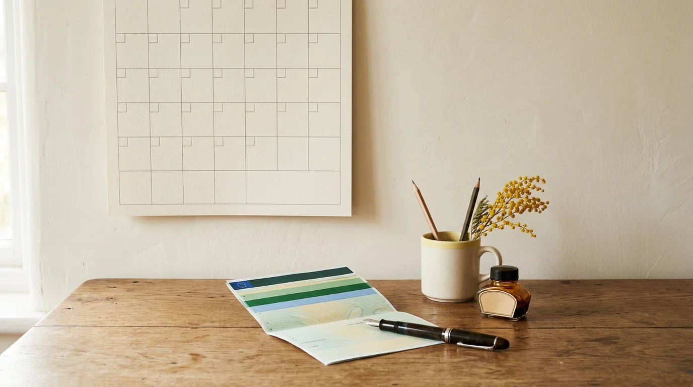 Symbolbild: Wandkalender und Stift neben Fahrzeugschein, 1376×768 px